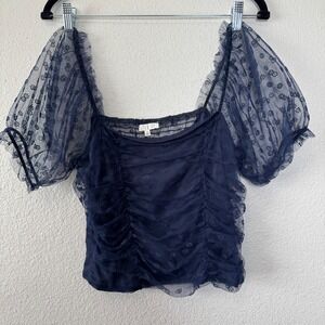 Lila Li Blue Floral Mesh Ruched Square Neck‎ Puff Sleeve Top Size Small